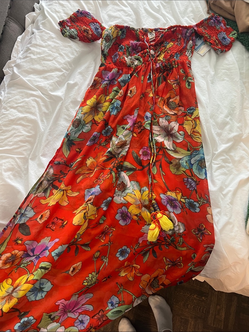 Off-Shoulder Red Floral Maxi Dress with Tassel Tie